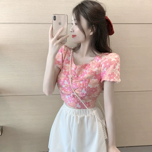 Летняя короткая приталенная футболка, топ, в корейском стиле, в западном стиле, цветочный принт, V-образный вырез, рукава фонарики