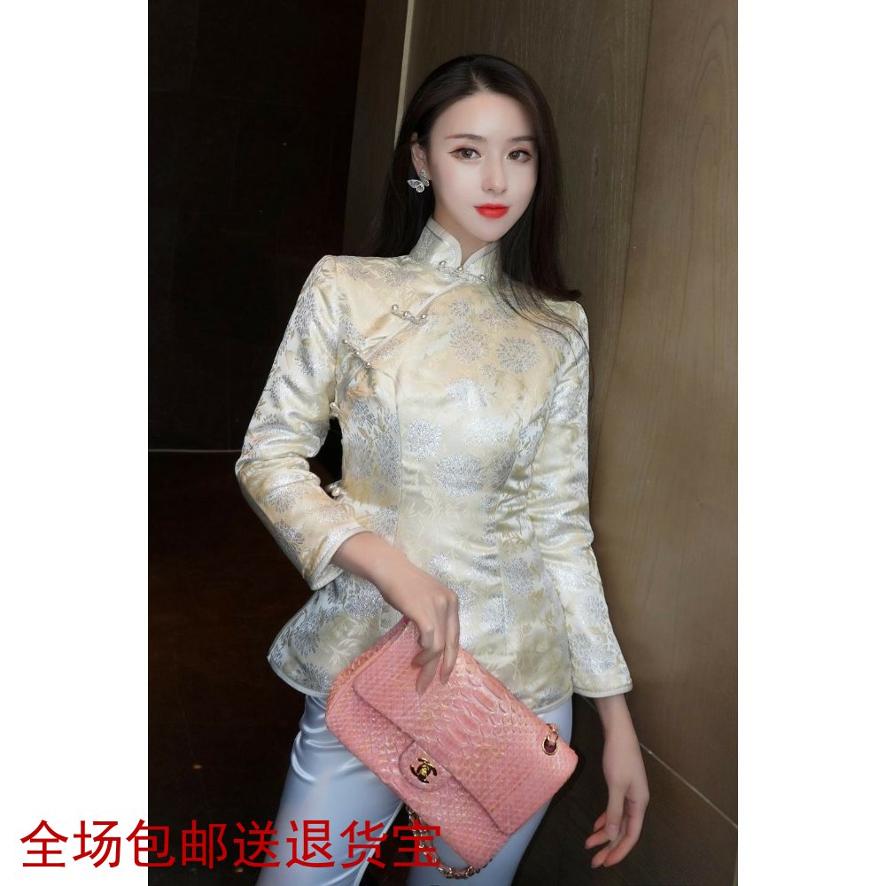 刘钰懿刘美人时尚唐装秋冬季复古香槟色银丝闪闪刺绣旗袍宴会棉袄
