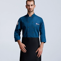 Синий лонгслив, черная юбка в складку, фартук