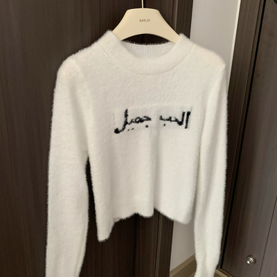 taobao agent White velvet scarf, winter short sweater with letters, top, long sleeve