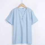 1411 Pan Buckle Room Рубашка этнический стиль v -neck Большой хлопок и коноплят свободный, удобная, дышащая рубашка с коротки
