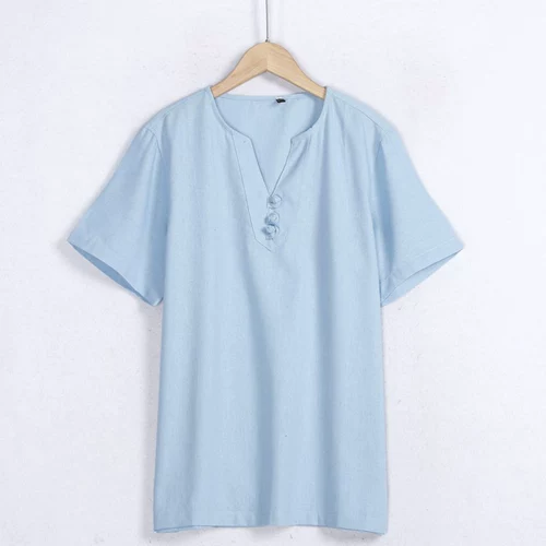 1411 Pan Buckle Room Рубашка этнический стиль v -neck Большой хлопок и коноплят свободный, удобная, дышащая рубашка с коротки