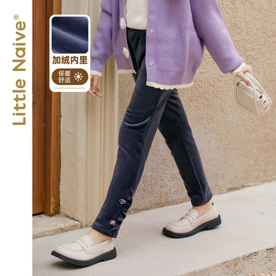 taobao agent LITTLENAIVE autumn and winter girl velvet pants elastic wood ear stitching trousers wearing children's casual pants