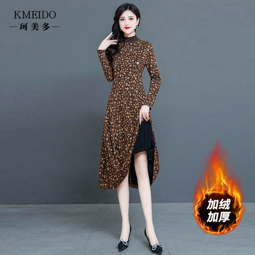 Элитное утепленное платье, юбка, в цветочек, высокий воротник, в западном стиле