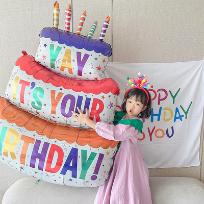 三层生日蛋糕气球女孩生日布置摆件铝膜男孩装饰场景儿童节日布置
