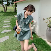 Синий небольшой дизайнерский джинсовый комплект, рубашка, тренд сезона, в корейском стиле