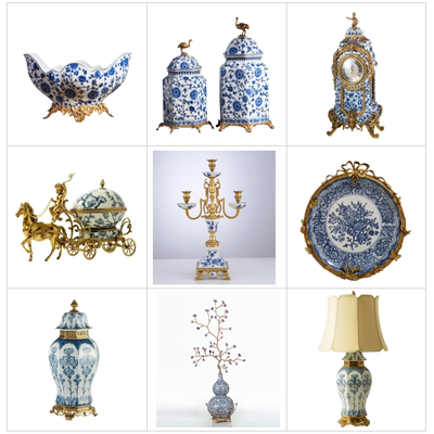 taobao agent European -style new classical blue and white ceramics with copper home accessories American living room porch fire furnace model room soft decoration decoration