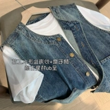 Джинсовый жилет, летняя куртка без рукавов, круглый воротник, яркий броский стиль, по фигуре