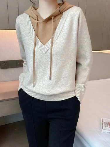 Оригинальный комплект с капюшоном, шерстяной кашемировый трикотажный свитер