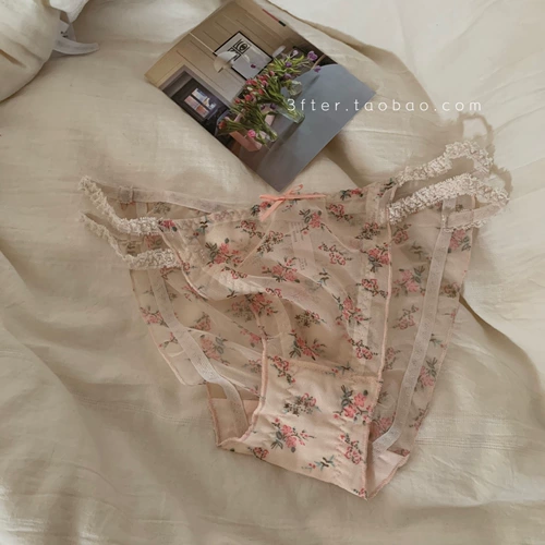 Тонкое кружевное комфортное дышащее нижнее белье, штаны, цветочный принт, средняя посадка