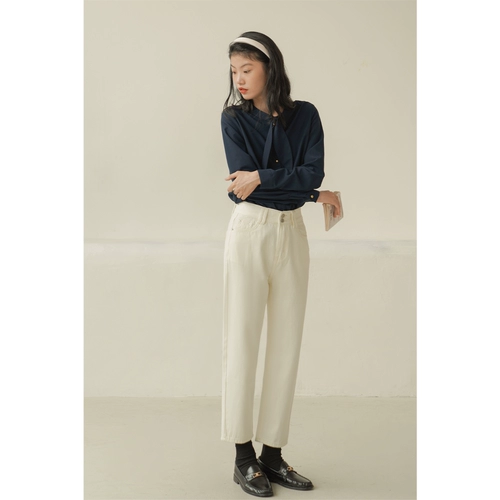 Осенние прямые свободные джинсы, штаны, приталенные леггинсы, повседневные брюки, французский стиль, высокая талия, по фигуре, подходит для подростков