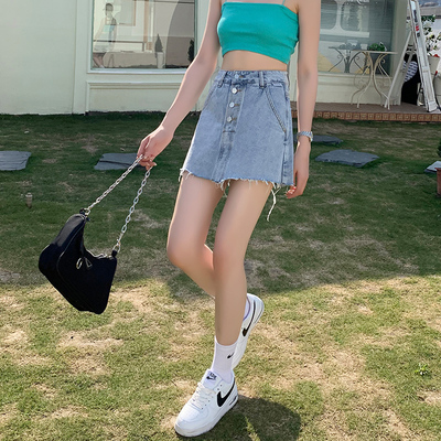 taobao agent Summer denim skirt, sexy pleated skirt, high waist, A-line