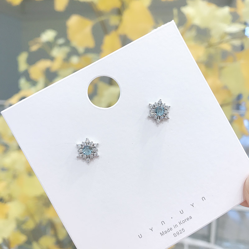 韩国925纯银蓝色锆石雪花耳钉简约气质甜美星星耳环森系学生礼物