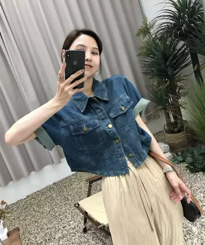 Джинсовая куртка, модная ретро рубашка, короткий сексуальный топ, короткий рукав, в корейском стиле
