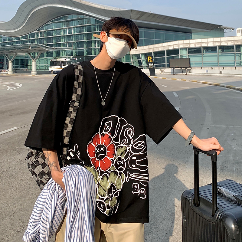 thumbnail for Hong Kong style flower print short-sleeved t-shirt men's summer tide brand ins large size clothes oversize loose trend half-sleeve