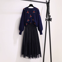 Темно -синий топ + черная юбка