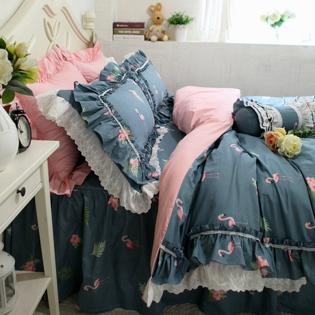 新款田园风格**火列鸟荷叶边蕾丝床裙款床上用品四件套