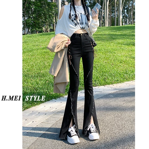 Черные джинсовые осенние джинсы, штаны, штаны-клёш, 2024 года, новая коллекция, высокая талия, в обтяжку, по фигуре, на шнурках