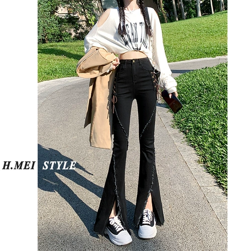 Черные джинсовые осенние джинсы, штаны, штаны-клёш, 2024 года, новая коллекция, высокая талия, в обтяжку, по фигуре, на шнурках