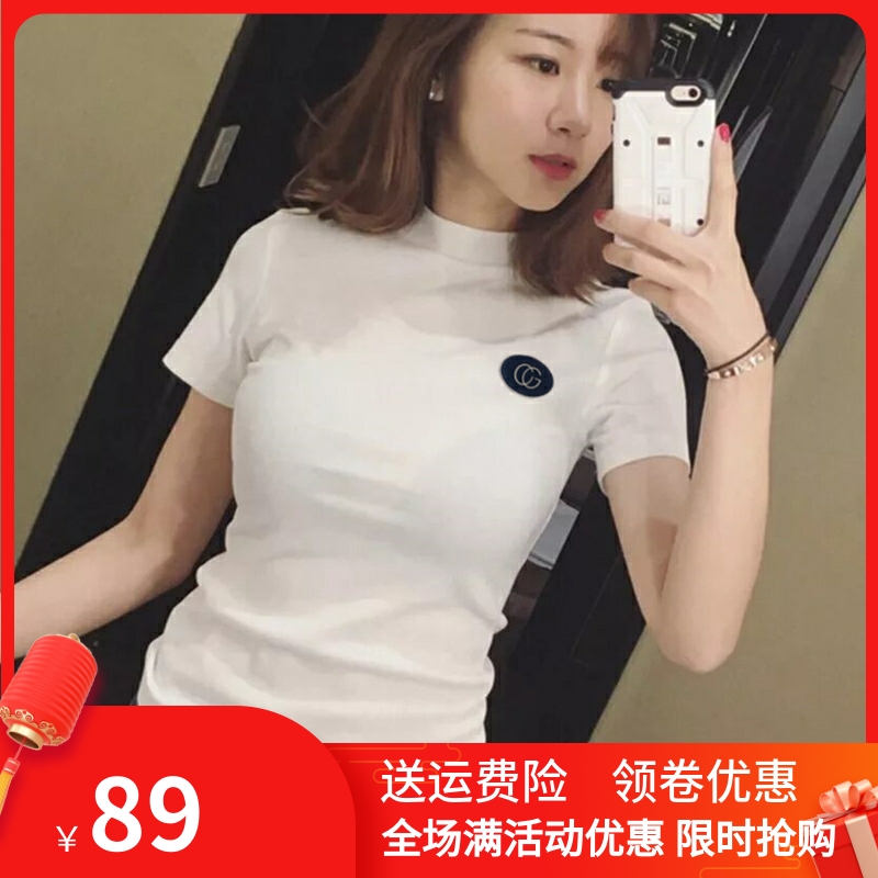 纯棉半高领白色短袖T恤女2022新款韩版紧身修身高领打底体恤女潮