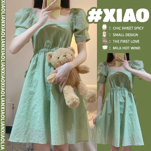 Зеленое летнее платье, милая юбка, корсет, французский стиль, изысканный стиль, рукава фонарики, квадратный вырез, свободный крой