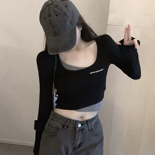 Сексуальный комплект, ростомер, короткая футболка, утепленный лонгслив, коллекция 2021, в обтяжку, высокая талия