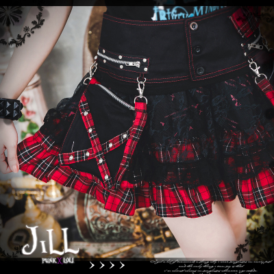 taobao agent Jier Punk] Roller Border College Wind Cross Trend Printing Skirt Puff Pack Punk FA091 Red