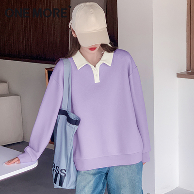 onemore紫色翻领卫衣女polo领