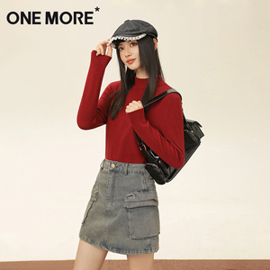 one more酒红色针织毛衣女秋季2025新款半高领修身显瘦内搭上衣S