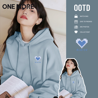 onemore蓝色连帽卫衣女早秋上衣