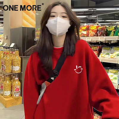 onemore红色卫衣女加绒加厚圆领