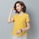 Áo sơ mi cotton và vải lanh mùa hè 2021 phong cách mới của phụ nữ Hàn Quốc mẹ trung niên từ bi áo thun ngắn tay cổ tròn nửa tay rộng rãi - Áo phông