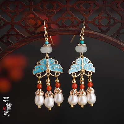 taobao agent Xunzhi Ji original handmade Cloisonne blue butterfly pearl raw earrings earrings earrings