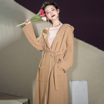 taobao agent Khaki long knitted cardigan, jacket, demi-season winter sweater, maxi length, trend of season, 2023 collection