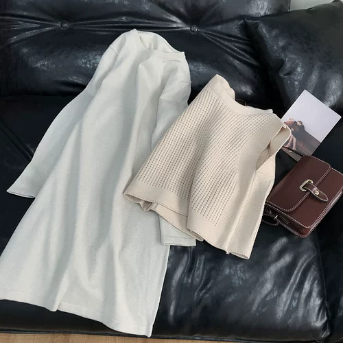 Комплект, трикотажный лонгслив, длинная юбка, зимний абрикосовый свитер, средней длины