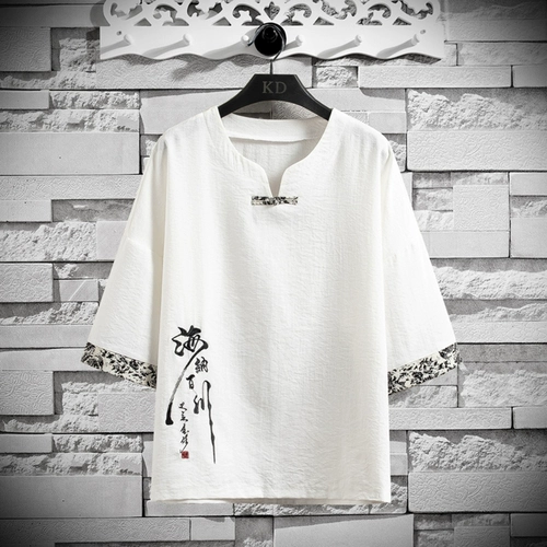 Шелковая летняя ультратонкая футболка, жакет, ретро ханьфу, короткий рукав, V-образный вырез, коллекция 2022, свободный крой, с вышивкой