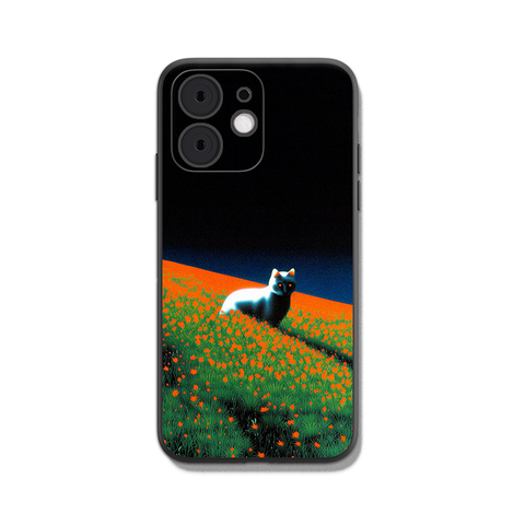 Art Illustration Cat & Flowers – Dark Sky Pattern – Pro/Plus/Max/Air – 17, 16, 15, 14, 13, 12 iPhone Case