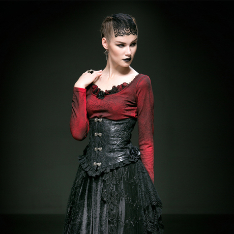 punkrave哥特女装修身显瘦蕾丝拚接束腰衣露背镂空百搭绑带腰封女