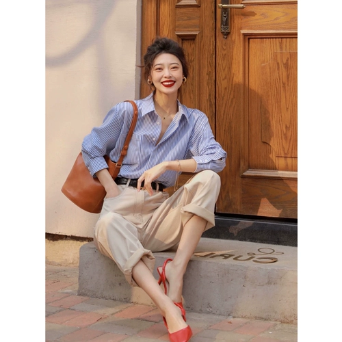 Синяя весенняя сексуальная рубашка, французский стиль