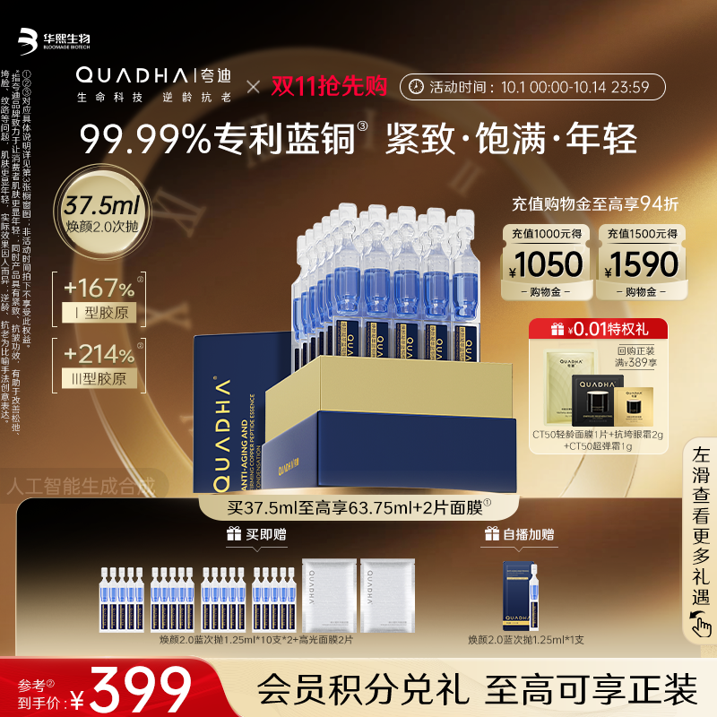 【双11抢先购】华熙生物夸迪焕颜2.0蓝次抛精华液蓝铜胜肽抗皱