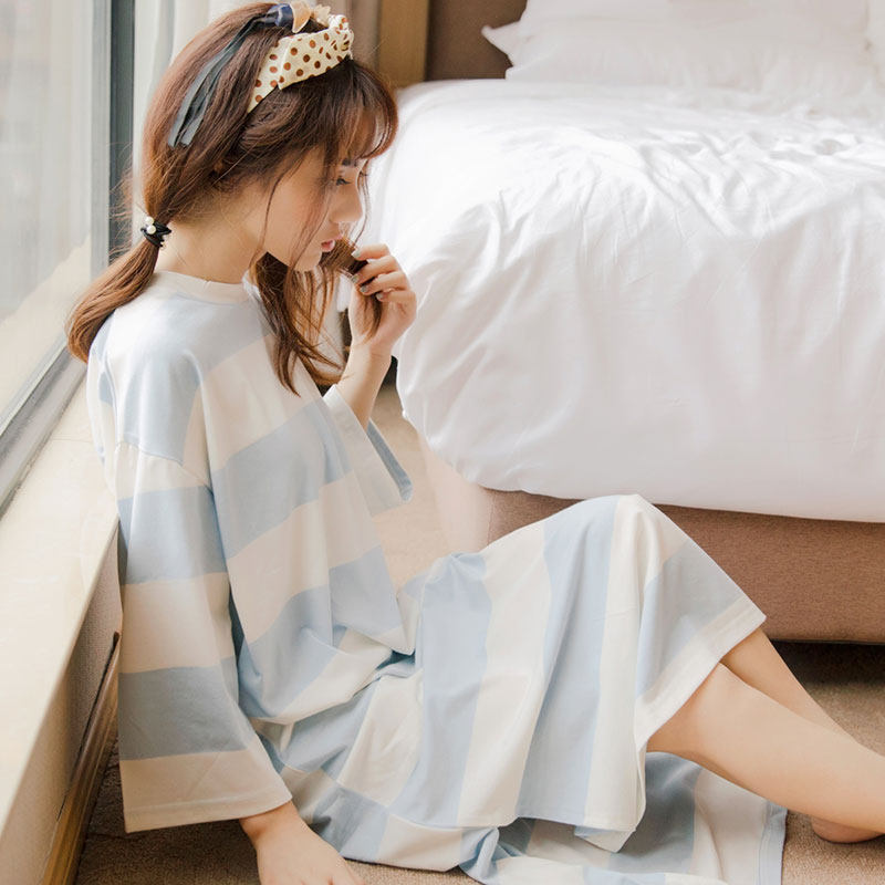 薄款睡裙女夏纯棉韩版简约可爱条纹睡裙七分袖学生睡衣长裙家居服