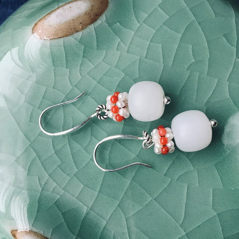 Коралловые серьги агат жемчуг, индивидуальный дизайн