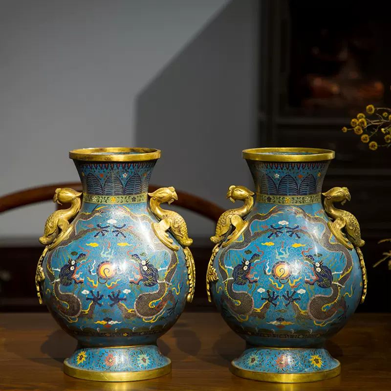 清代铜胎掐丝珐琅龙纹凤耳瓶 一对 文玩 清代铜胎掐丝珐琅龙纹凤耳瓶 一对 文玩