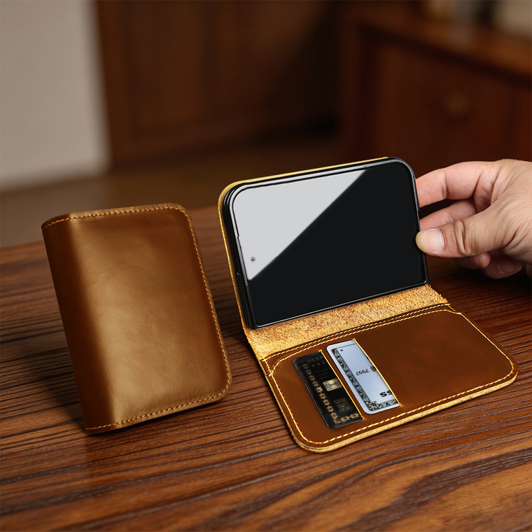 Calfskin Leather Contrast Stitching Minimalist Flip Foldable Genuine leather iPhone Case