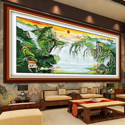 [纯手工十字绣成品旭日东升全景流水生财客厅山水风景画绣好的出售]