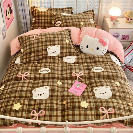A类牛奶绒四件套大版卡通加绒加厚被套学生宿舍三件套保暖抗静电