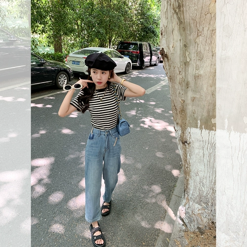 Ретро джинсы, весенние тонкие штаны, свободный прямой крой, по фигуре