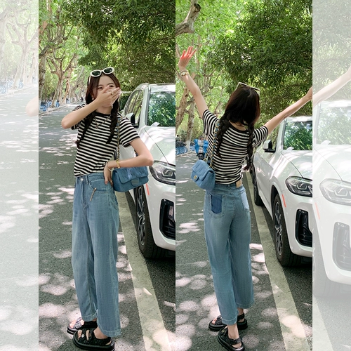 Ретро джинсы, весенние тонкие штаны, свободный прямой крой, по фигуре