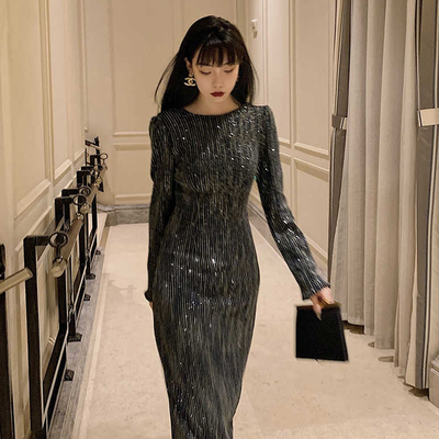 taobao agent Black dress, high -end light luxury early autumn, long -sleeved long -sleeved stunned back sequin dress 2022 new