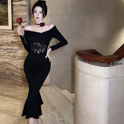 taobao agent Birthday dress skirt high -end light luxury niche you can wear black tube top -like shoulder dress dresses in autumn women